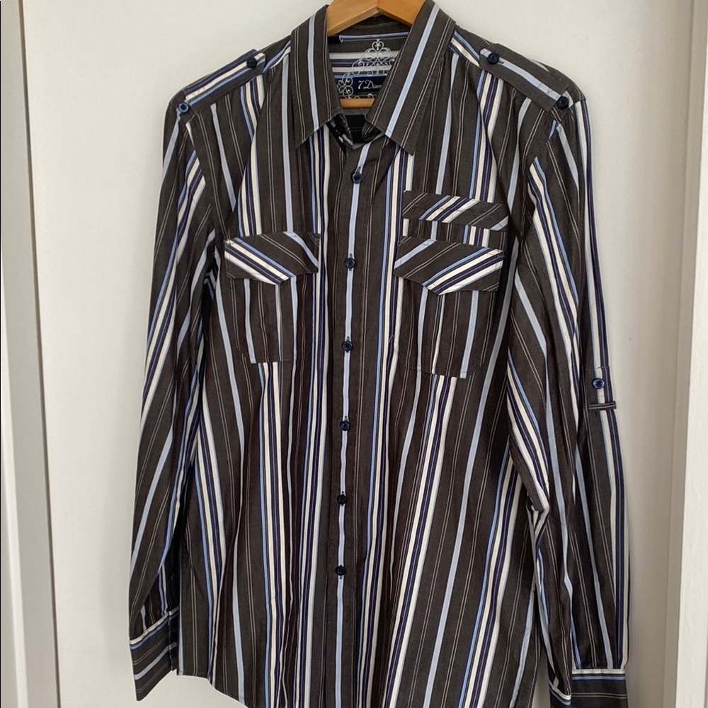 7 Diamonds Men's Striped Shirt - Brown, Blue and White